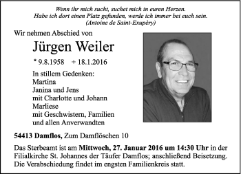 Todesanzeige von Jürgen Weiler von trierischer_volksfreund