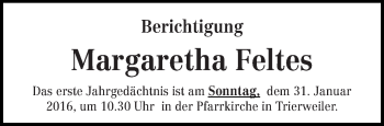 Todesanzeige von Margaretha Feltes von trierischer_volksfreund