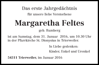 Todesanzeige von Margaretha Feltes von trierischer_volksfreund