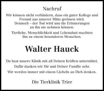 Todesanzeige von Walter Hauck von trierischer_volksfreund