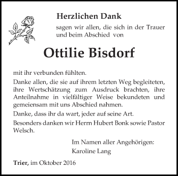 Todesanzeige von Ottlilie Bisdorf von trierischer_volksfreund