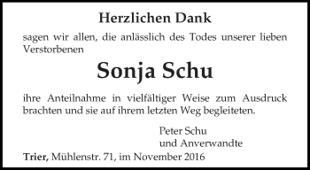 Todesanzeige von Sonja Schu von trierischer_volksfreund