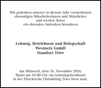 Todesanzeige von In Gedenken Leitung, Betriebsrat und Belegschaft Westnetz GmbH von trierischer_volksfreund