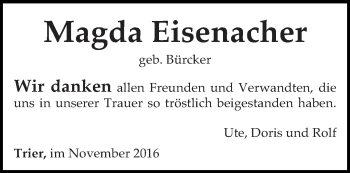 Todesanzeige von Magda Eisenacher von trierischer_volksfreund