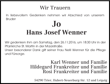 Todesanzeige von Hans Josef Wenner von trierischer_volksfreund