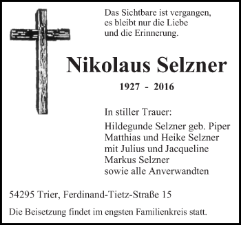 Todesanzeige von Nikolaus Selzner von trierischer_volksfreund