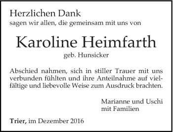 Todesanzeige von Karoline Heimfarth von trierischer_volksfreund