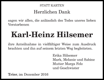 Todesanzeige von Karl-Heinz Hilsemer von trierischer_volksfreund