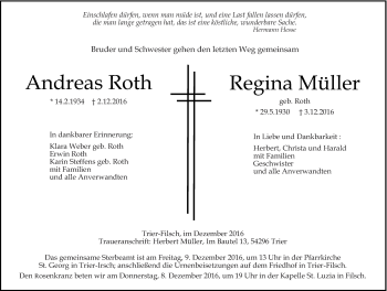 Todesanzeige von Andreas und Regina Roth von trierischer_volksfreund