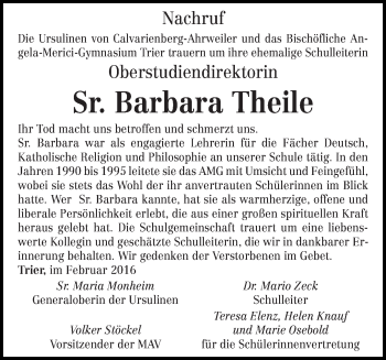 Todesanzeige von Barbara Theile von trierischer_volksfreund