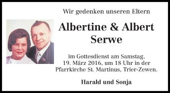 Todesanzeige von Albertine und Albert Serwe von trierischer_volksfreund