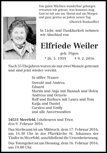 Todesanzeige von Elfriede Weiler von trierischer_volksfreund