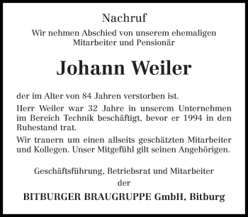 Todesanzeige von Johann Weiler von trierischer_volksfreund