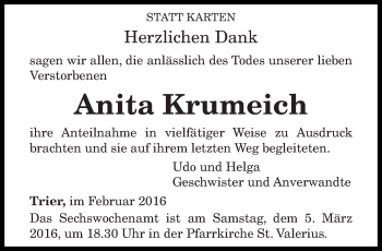 Todesanzeige von Anita Krumeich von trierischer_volksfreund