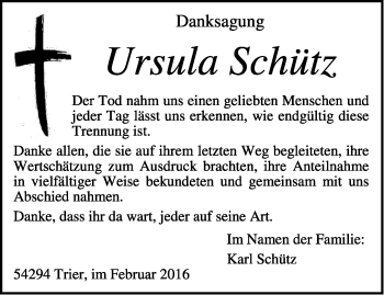 Todesanzeige von Ursula Schütz von trierischer_volksfreund