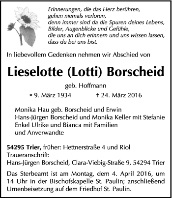 Todesanzeige von Lieselotte Lotti Borscheid von trierischer_volksfreund