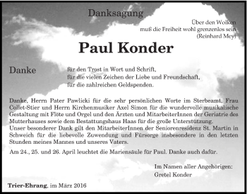 Todesanzeige von Paul Konder von trierischer_volksfreund