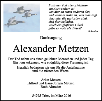 Todesanzeige von Alexander Metzen von trierischer_volksfreund