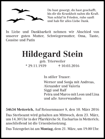 Todesanzeige von Hildegard Stein von trierischer_volksfreund