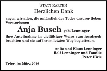 Todesanzeige von Anja Busch von trierischer_volksfreund