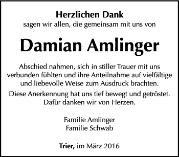 Todesanzeige von Damian Amlinger von trierischer_volksfreund