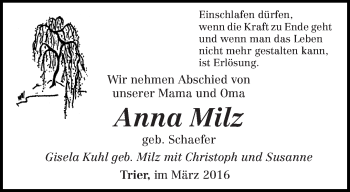 Todesanzeige von Anna Milz von trierischer_volksfreund