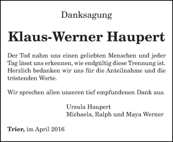 Todesanzeige von Klaus-Werner Haupert von trierischer_volksfreund