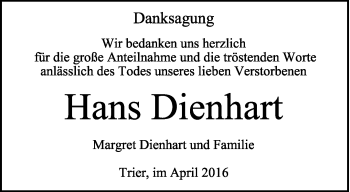 Todesanzeige von Hans Dienhart von trierischer_volksfreund