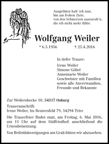 Todesanzeige von Wolfgang Weiler von trierischer_volksfreund