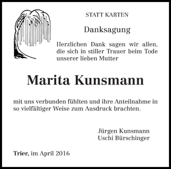 Todesanzeige von Marita Kunsmann von trierischer_volksfreund