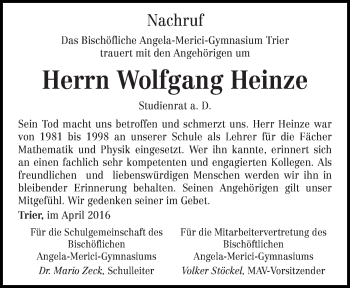 Todesanzeige von Wolfgang Heinze von trierischer_volksfreund