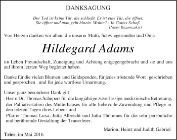 Todesanzeige von Hildegard Adams von trierischer_volksfreund