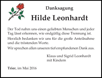 Todesanzeige von Hilde Leonhardt von trierischer_volksfreund