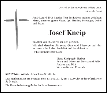 Todesanzeige von Josef Kneip von trierischer_volksfreund