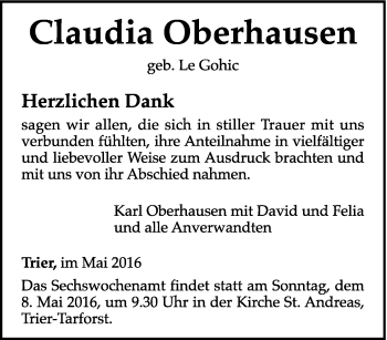 Todesanzeige von Claudia Oberhausen von trierischer_volksfreund