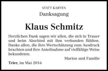 Todesanzeige von Klaus Schmitz von trierischer_volksfreund