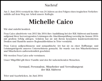 Todesanzeige von Michelle Caico von trierischer_volksfreund