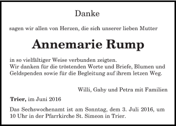 Todesanzeige von Annemarie Rump von trierischer_volksfreund