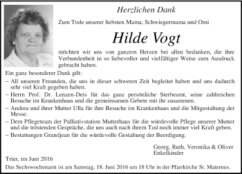 Todesanzeige von Hilde Vogt von trierischer_volksfreund