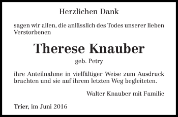 Todesanzeige von Therese Knauber von trierischer_volksfreund