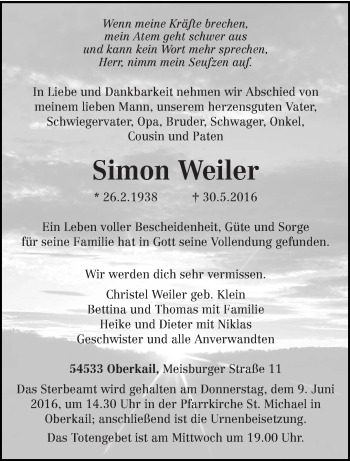 Todesanzeige von Simon Weiler von trierischer_volksfreund