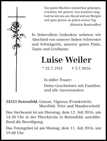 Todesanzeige von Luise Weiler von trierischer_volksfreund