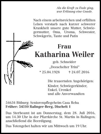 Todesanzeige von Katharina Weiler von trierischer_volksfreund