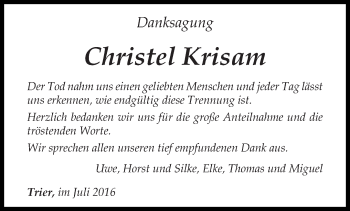 Todesanzeige von Christel  Krisam von trierischer_volksfreund