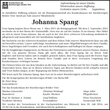 Todesanzeige von Johanna Spang  von trierischer_volksfreund