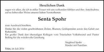 Todesanzeige von Senta Spohr von trierischer_volksfreund