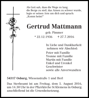 Todesanzeige von Gertrud Mattmann von trierischer_volksfreund