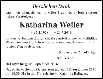 Todesanzeige von Katharina Weiler von trierischer_volksfreund