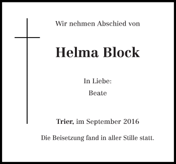 Todesanzeige von Helma Block von trierischer_volksfreund