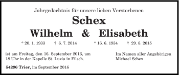 Todesanzeige von Wilhelm und Elisabeth Schex von trierischer_volksfreund